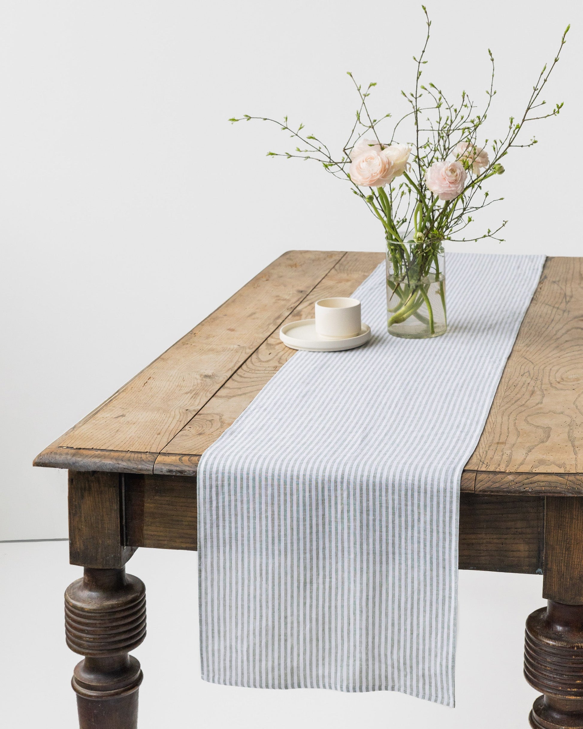 Stone Washed Linen Table Runner in Striped in Forest Green | MagicLinen