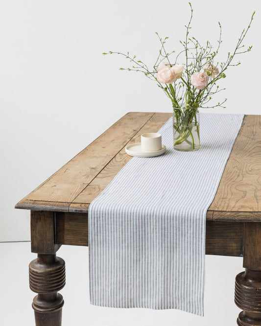 Stone Washed Linen Table Runner in Striped in Forest Green | MagicLinen