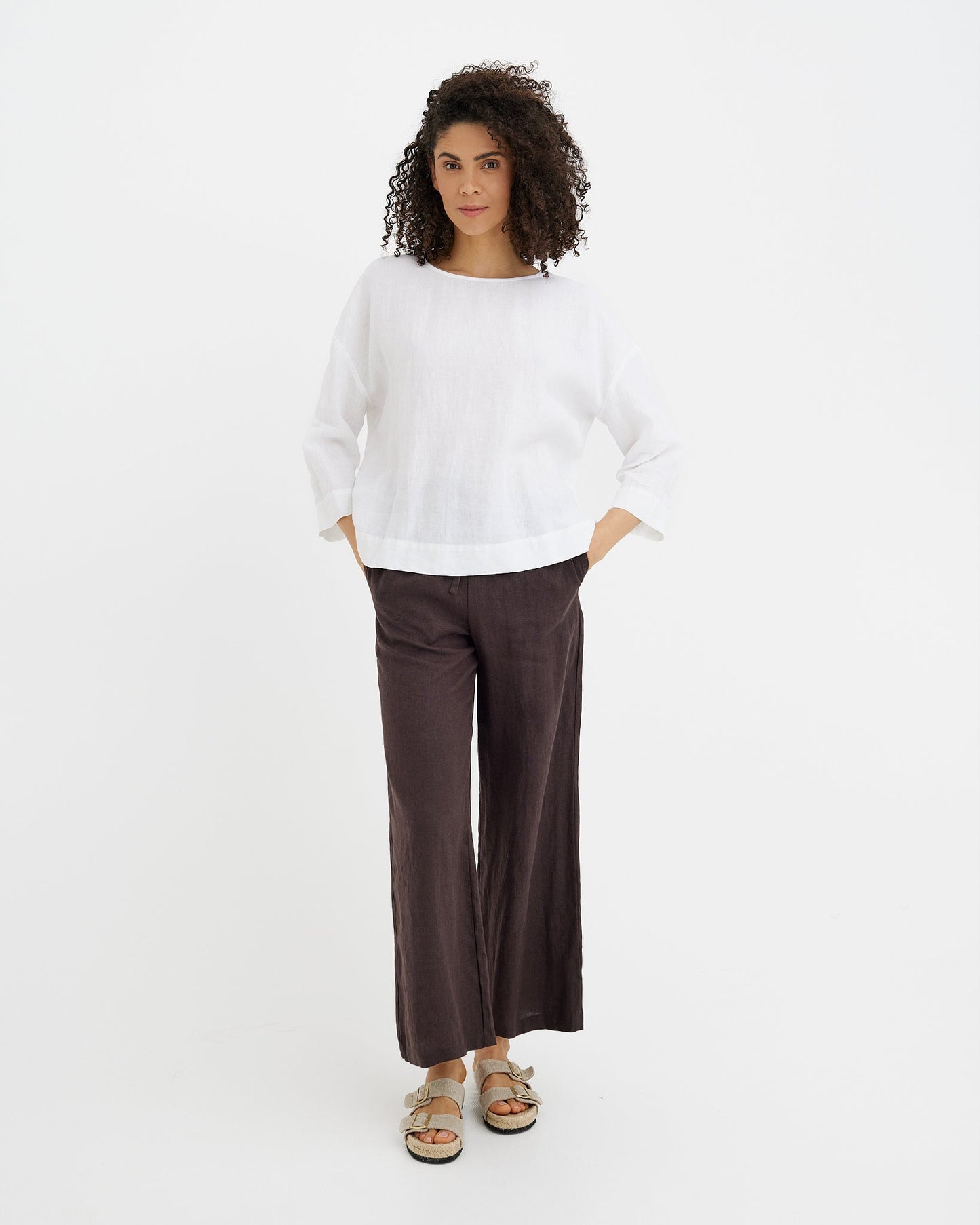MagicLinen white linen top with boat neckline and mid-length sleeves  