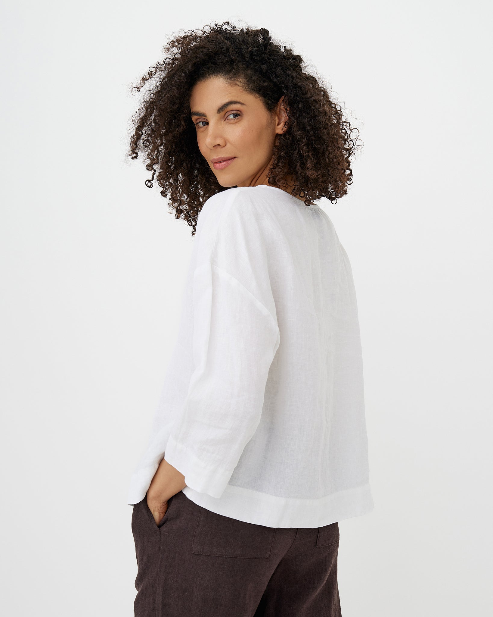 MagicLinen white linen top hip-length relaxed fit front view  