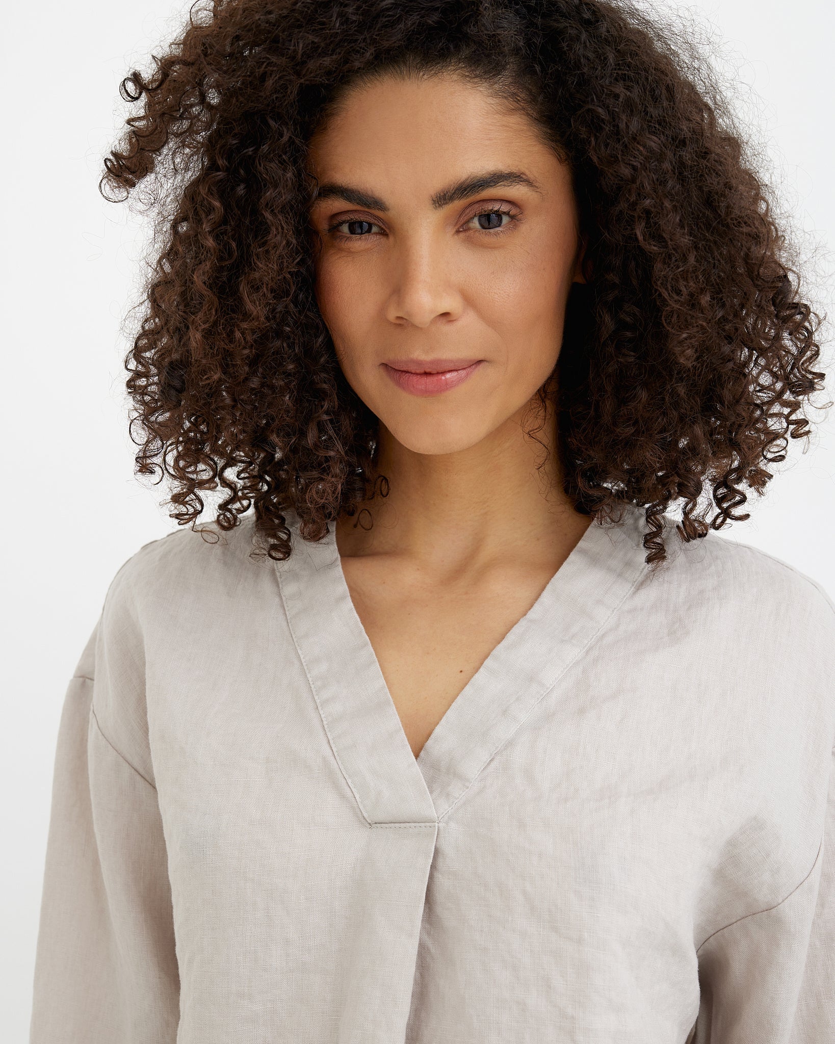 MagicLinen Natural Flax linen top with split V-neck and mid-length sleeves