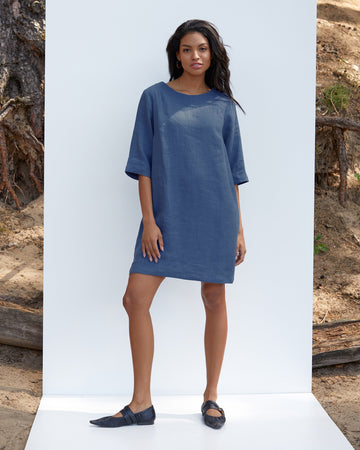 Linen tunic dress LASTRES in Deep navy blue | MagicLinen