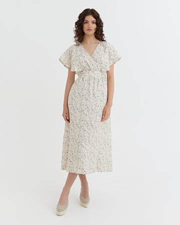 Linen wrap dress YOHO in Tiny blooms | MagicLinen modelBoxOn