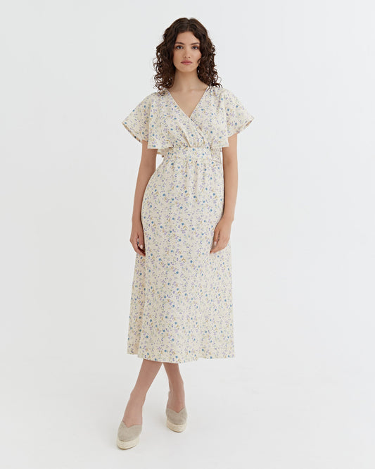 Linen wrap dress YOHO in Tiny blooms | MagicLinen modelBoxOn