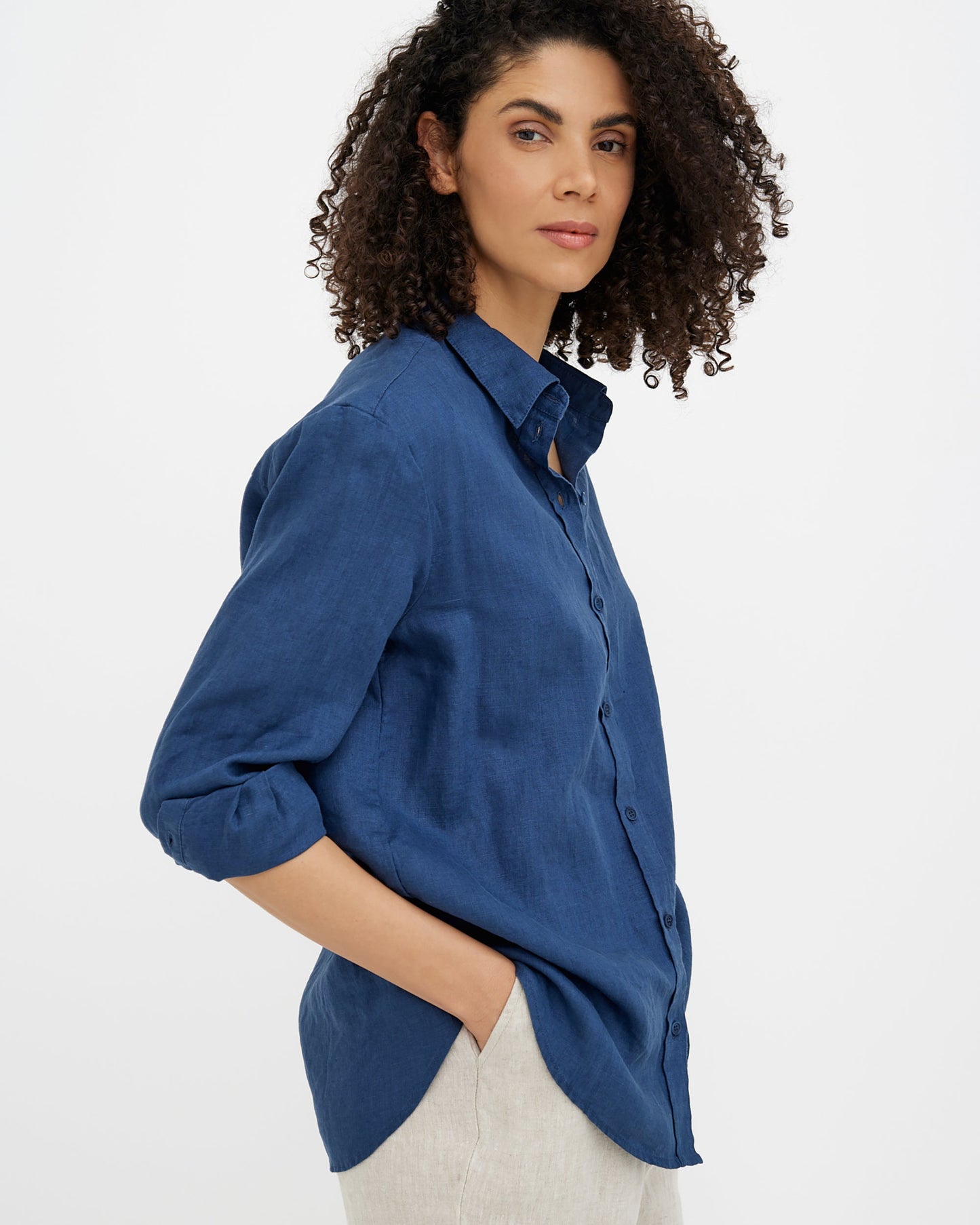 MagicLinen Deep navy blue women’s linen shirt with back pleat and corozo buttons