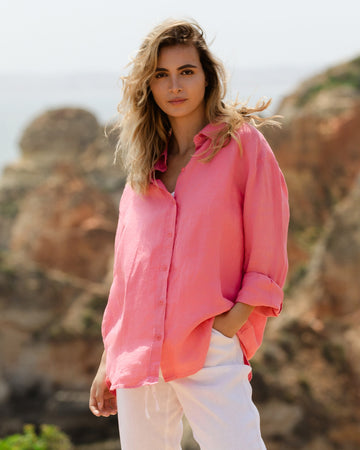 Long-Sleeve Linen Shirt CORSICA in Flamingo | MagicLinen modelBoxOn