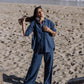 Long-Sleeve Linen Shirt ISLAY in Deep navy blue | MagicLinen modelBoxOn2