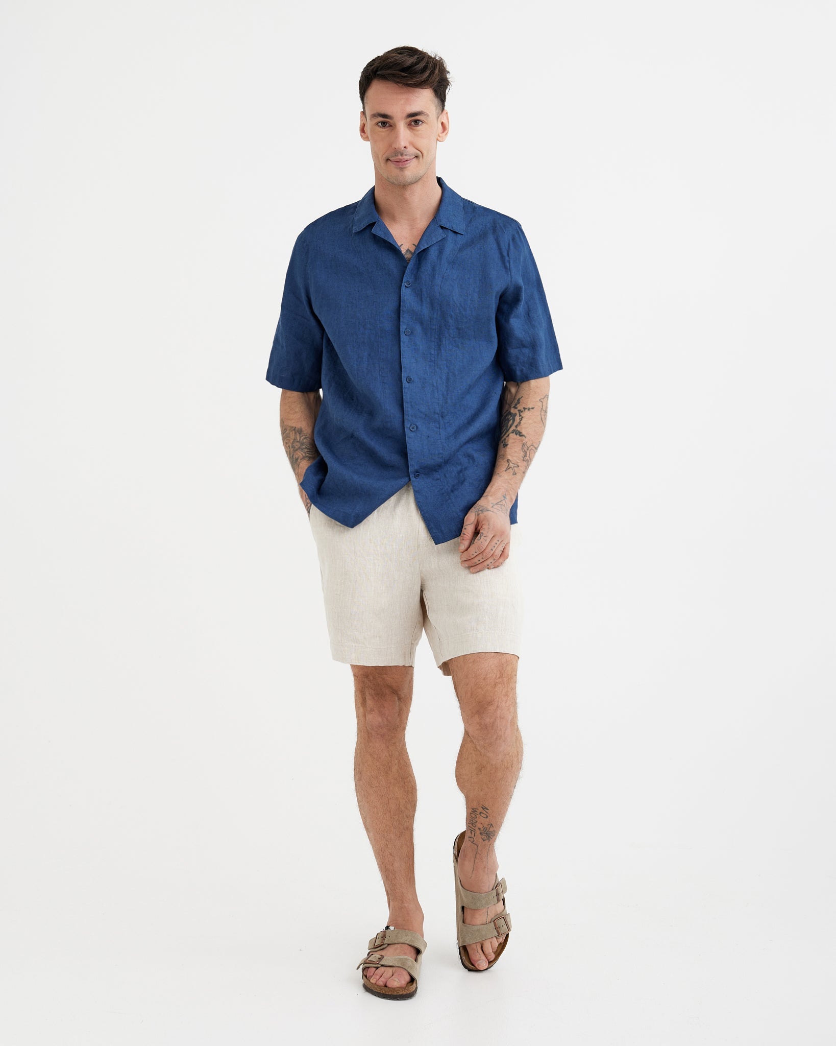 MagicLinen Deep navy blue linen shirt, 160 gsm plain weave breathable fabric
