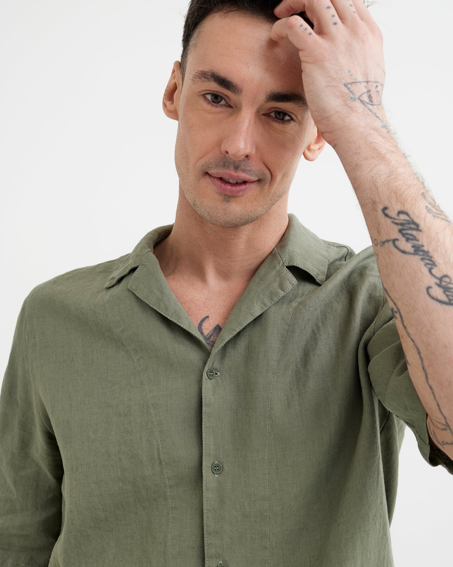 MagicLinen Mist green relaxed fit men’s linen shirt with notch collar