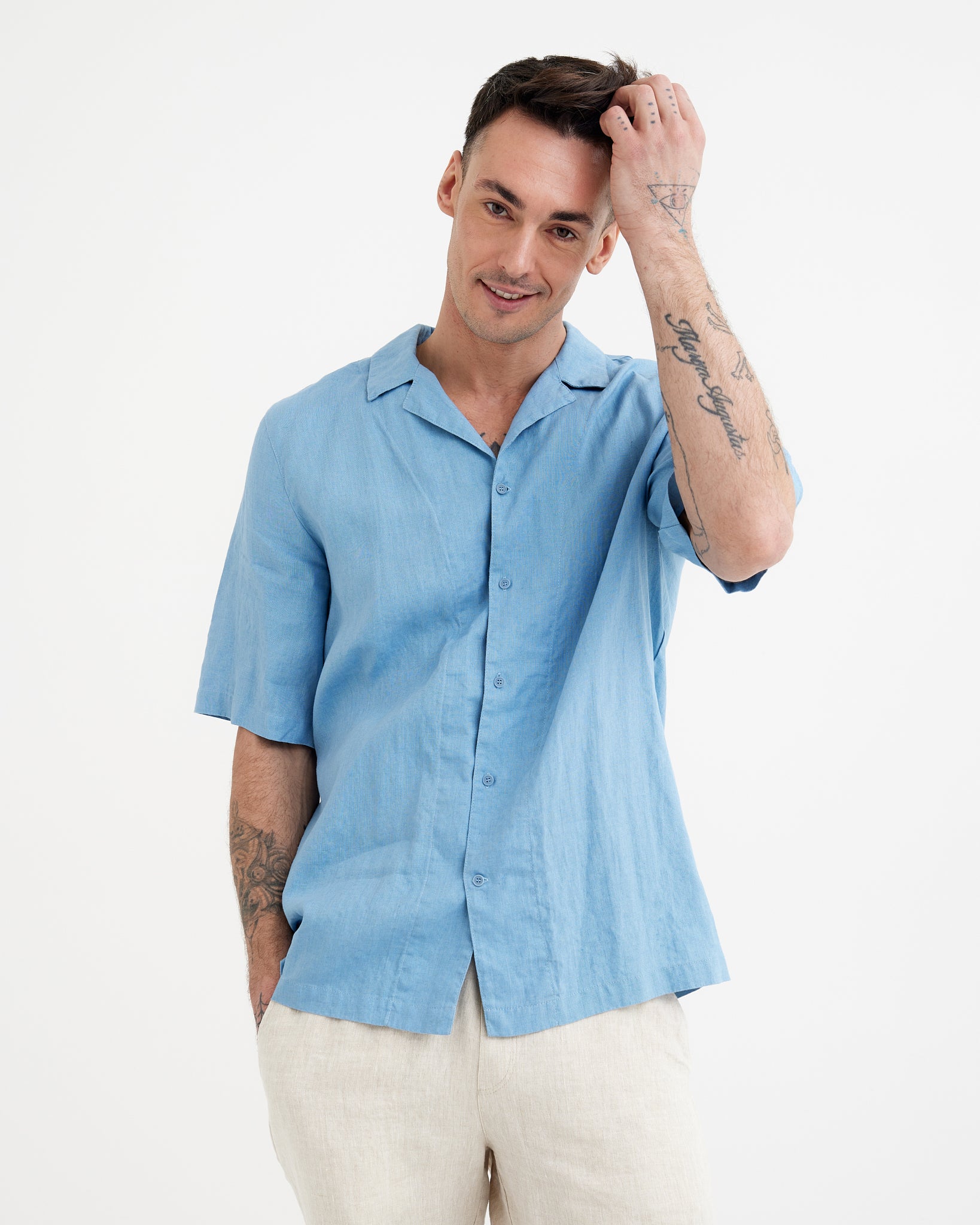 Men's Short Sleeves Linen Shirt KEY WEST in Soft blue | MagicLinen ...
