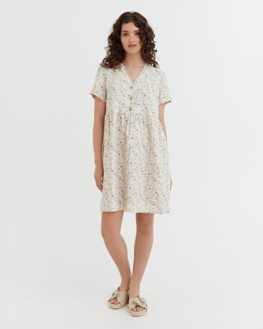 Midi linen dress MACEIO in Tiny blooms | MagicLinen modelBoxOn