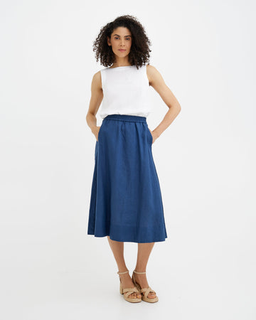 MagicLinen Deep Navy Blue AUSTIN skirt, 160 gsm midweight plain-weave linen  modelBoxOn