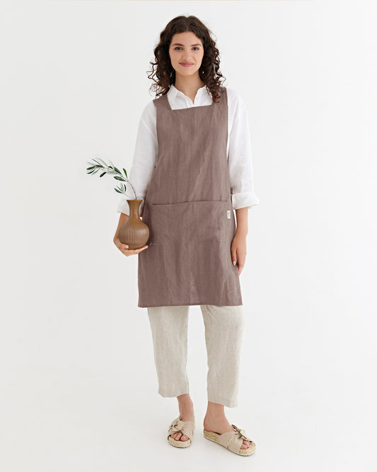 Pinafore cross-back linen apron in Mocha | MagicLinen