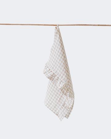 Ruffle trim linen tea towel in Natural gingham - MagicLinen