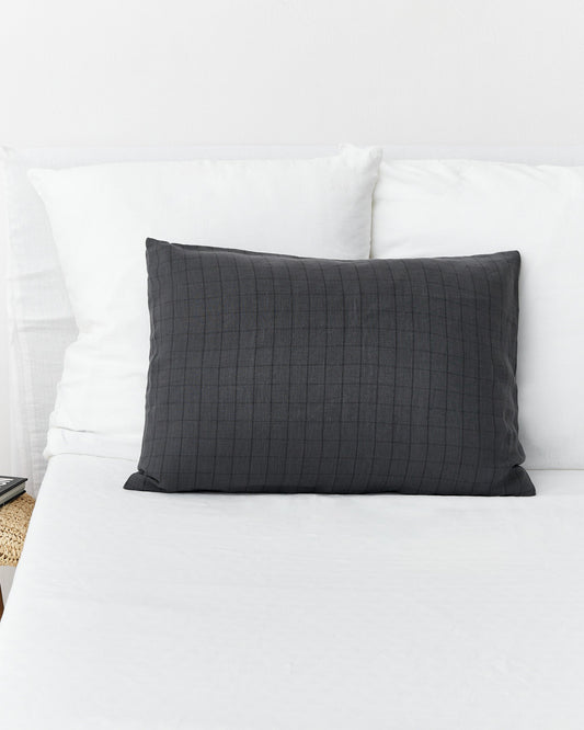 Charcoal windowpane linen pillowcase