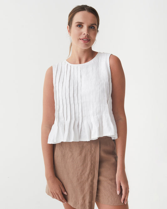 Pleated Sleeveless Linen Top MOOREA in White | MagicLinen modelBoxOn