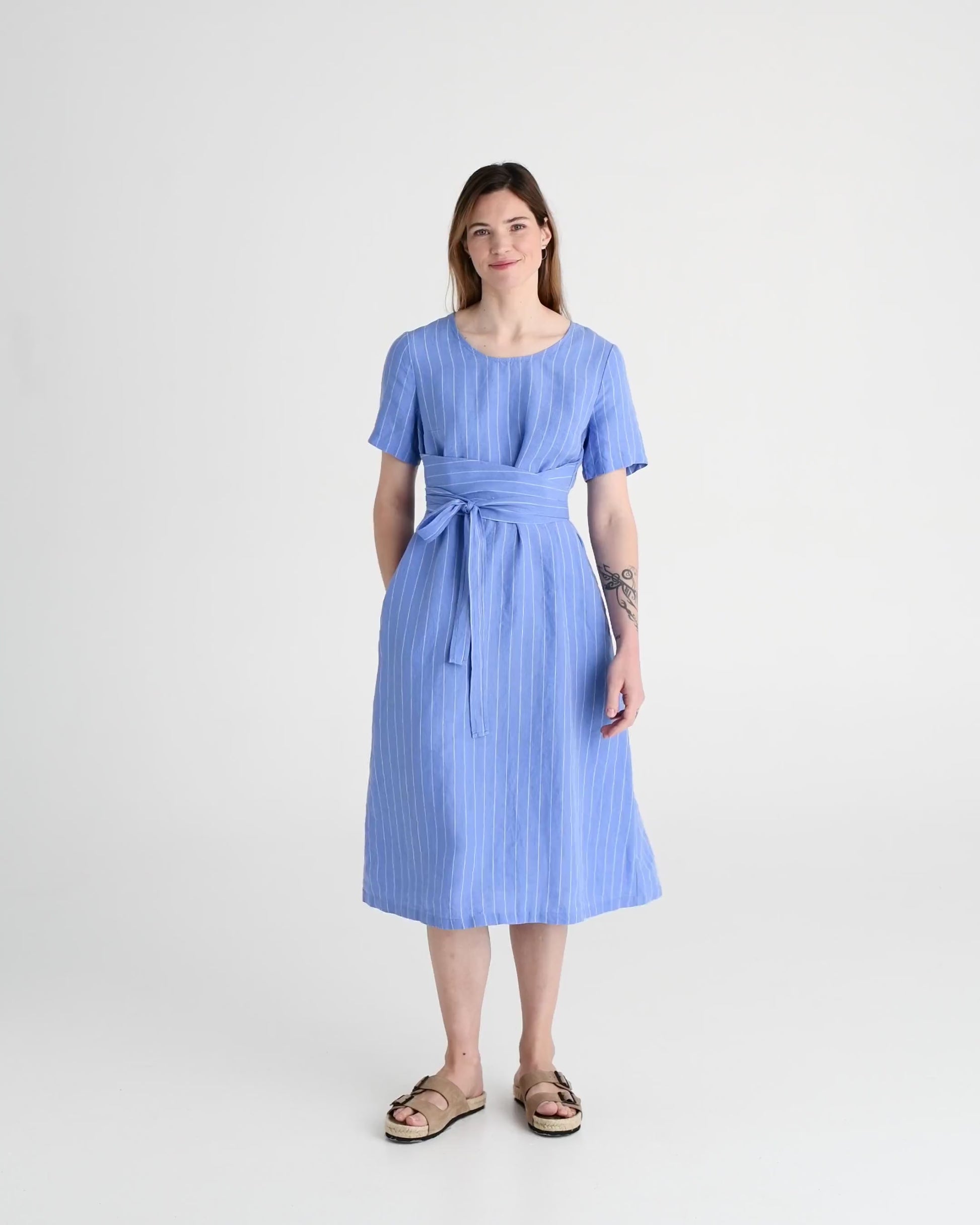 Midi wrap linen dress MANILA in Blue stripes - MagicLinen