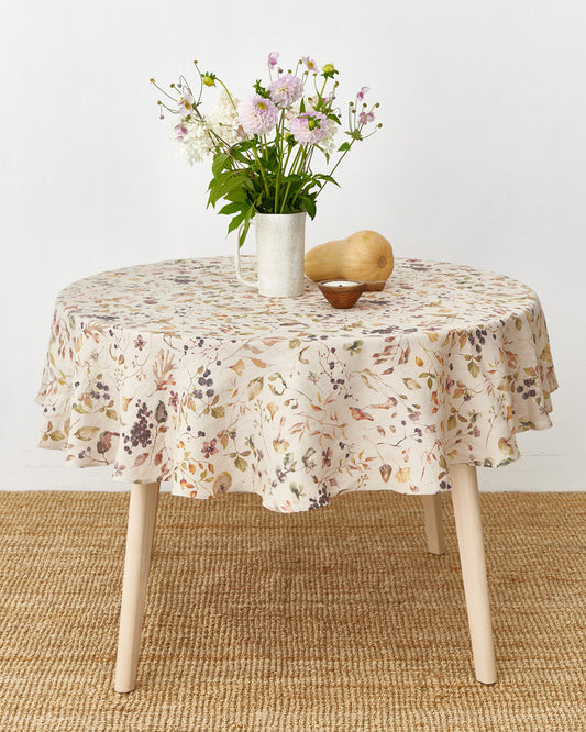 Round Linen Tablecloth in Autumn forest Print | MagicLinen
