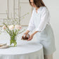 Round Linen Tablecloth in Striped in Forest Green | MagicLinen