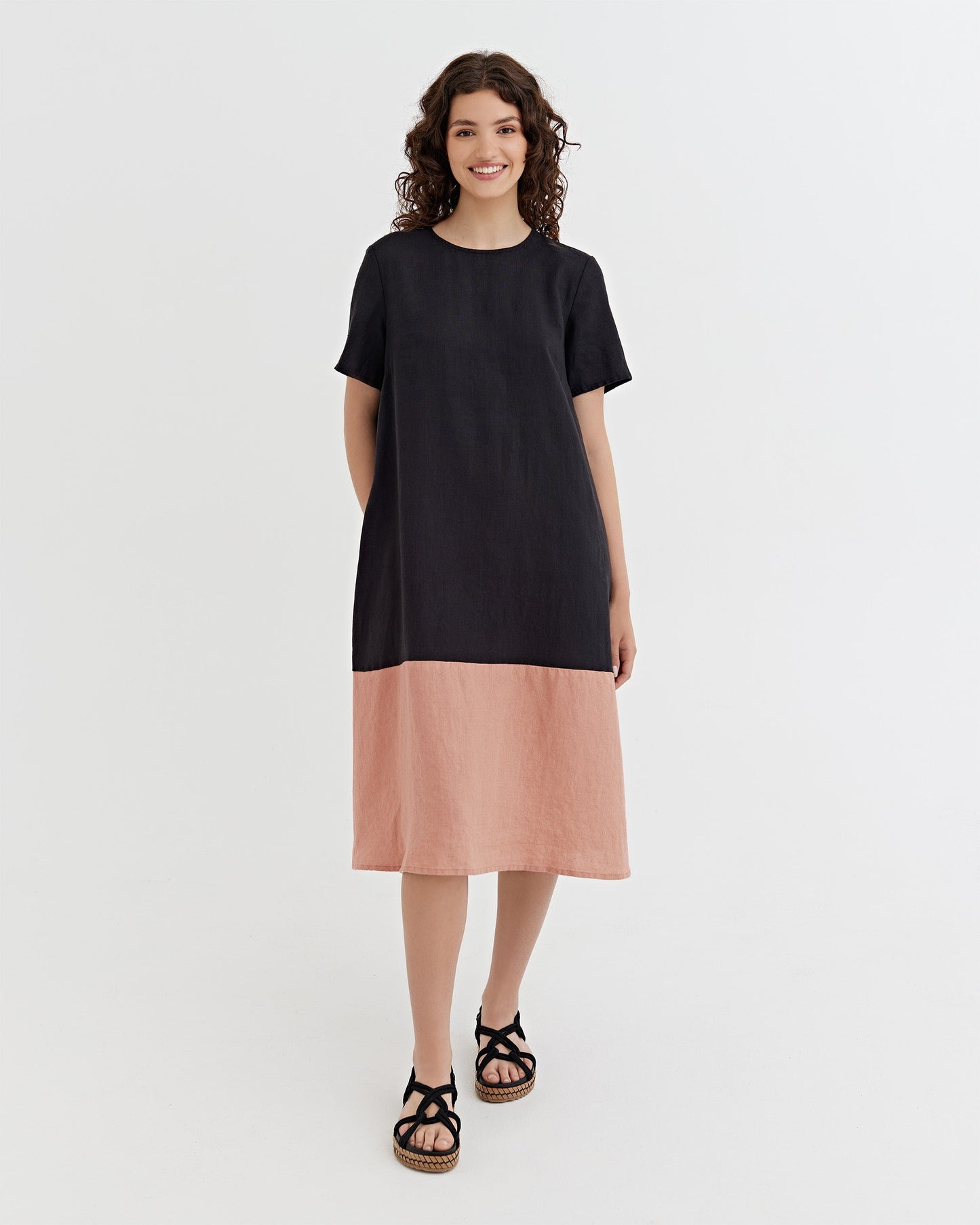 Color-block Linen Dress SCILLA in black and ash rose