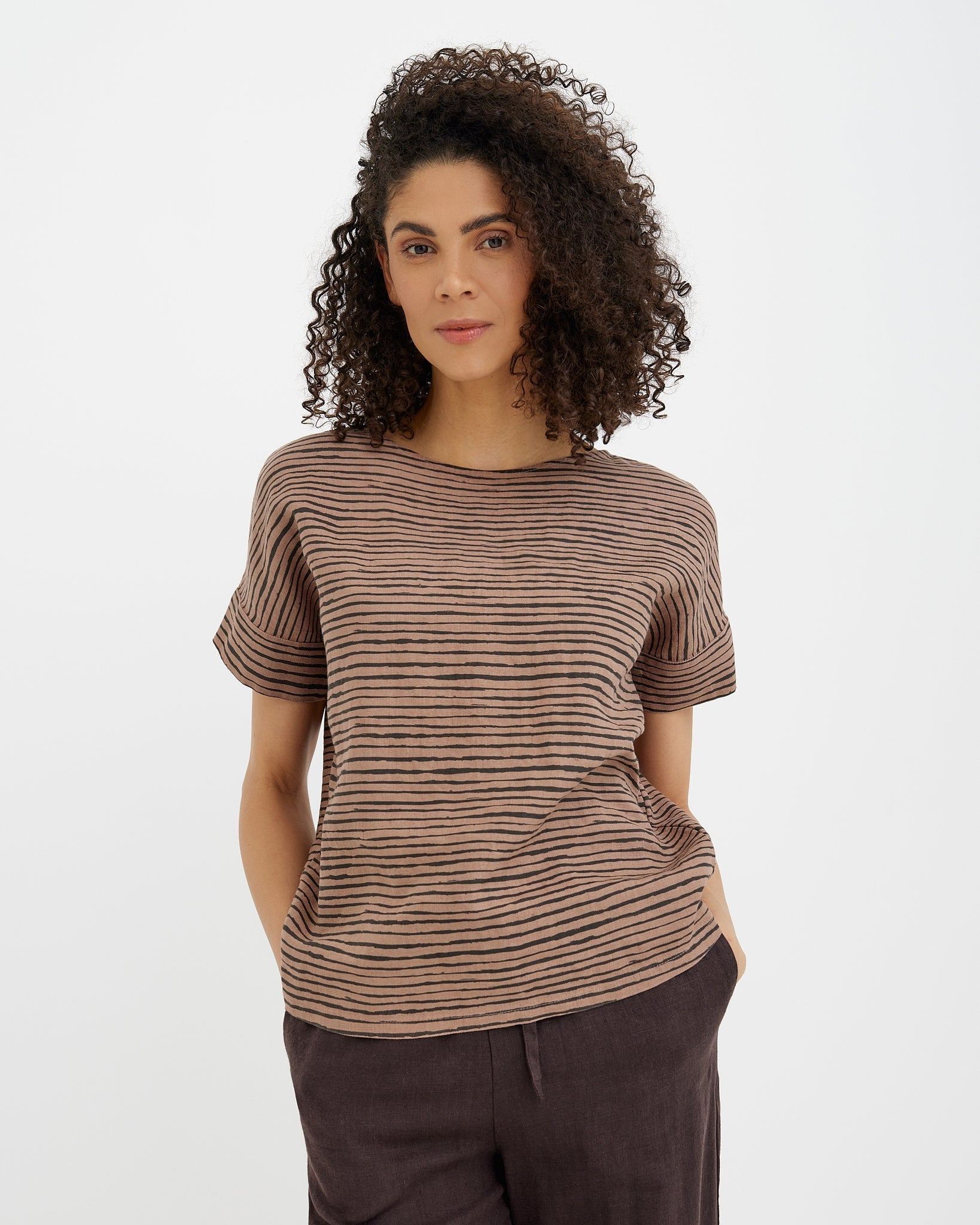 MagicLinen Pastel Brown Inked Lines Short-Sleeved Linen Top CALABRIA, 100% European flax linen 160 gsm plain weave   modelBoxOn