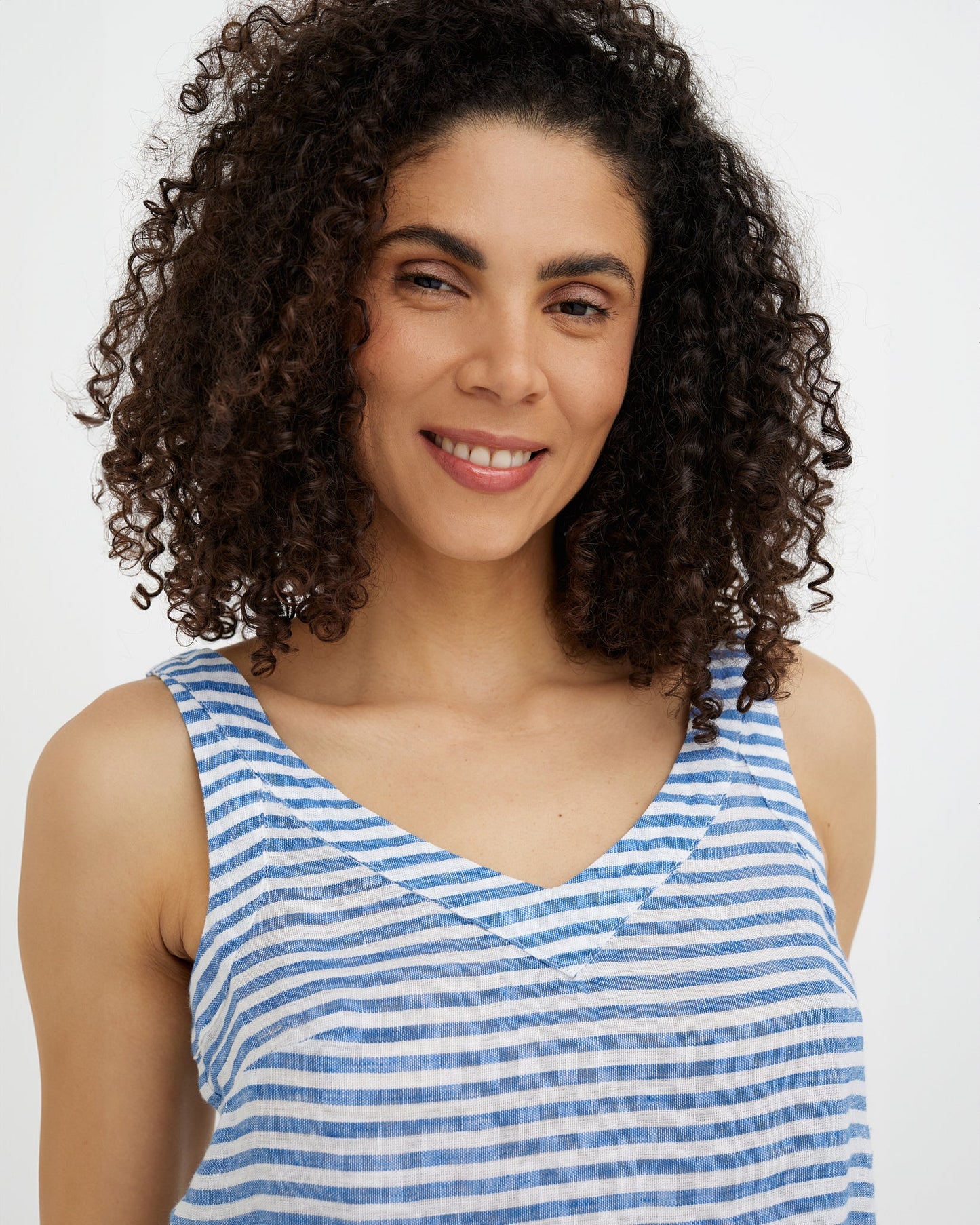 MagicLinen Cobalt Blue Stripes women’s linen top, hip-length silhouette  