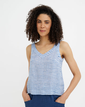 MagicLinen Cobalt Blue Stripes Sleeveless Linen Top DOURO, 100% European flax linen 160 gsm plain weave  modelBoxOn