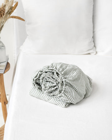 Striped in forest green Linen Fitted Sheet | MagicLinen
