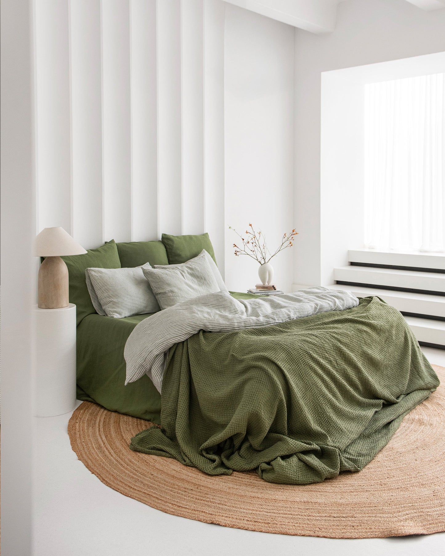 Striped in forest green linen duvet cover