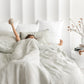 Striped in forest green linen duvet cover