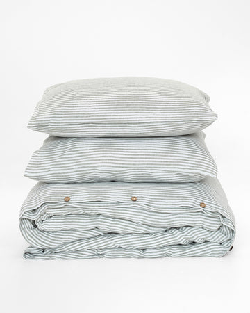 Striped in forest green Linen duvet cover set (3 pcs) | MagicLinen