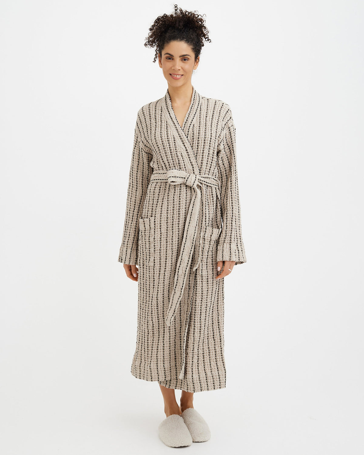 Women's waffle robe in Thin striped