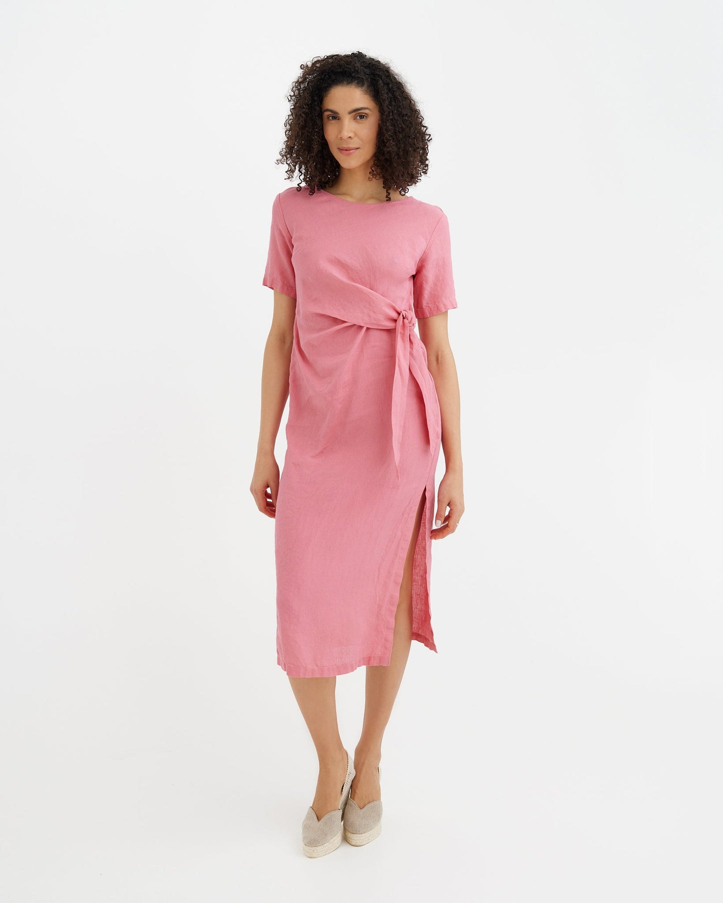 MagicLinen Flamingo MIAMI tie-waist linen dress, European flax plain weave modelBoxOn2