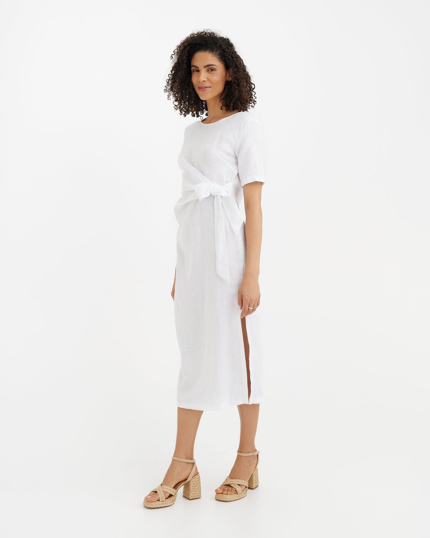 Tie-waist Linen dress MIAMI in White