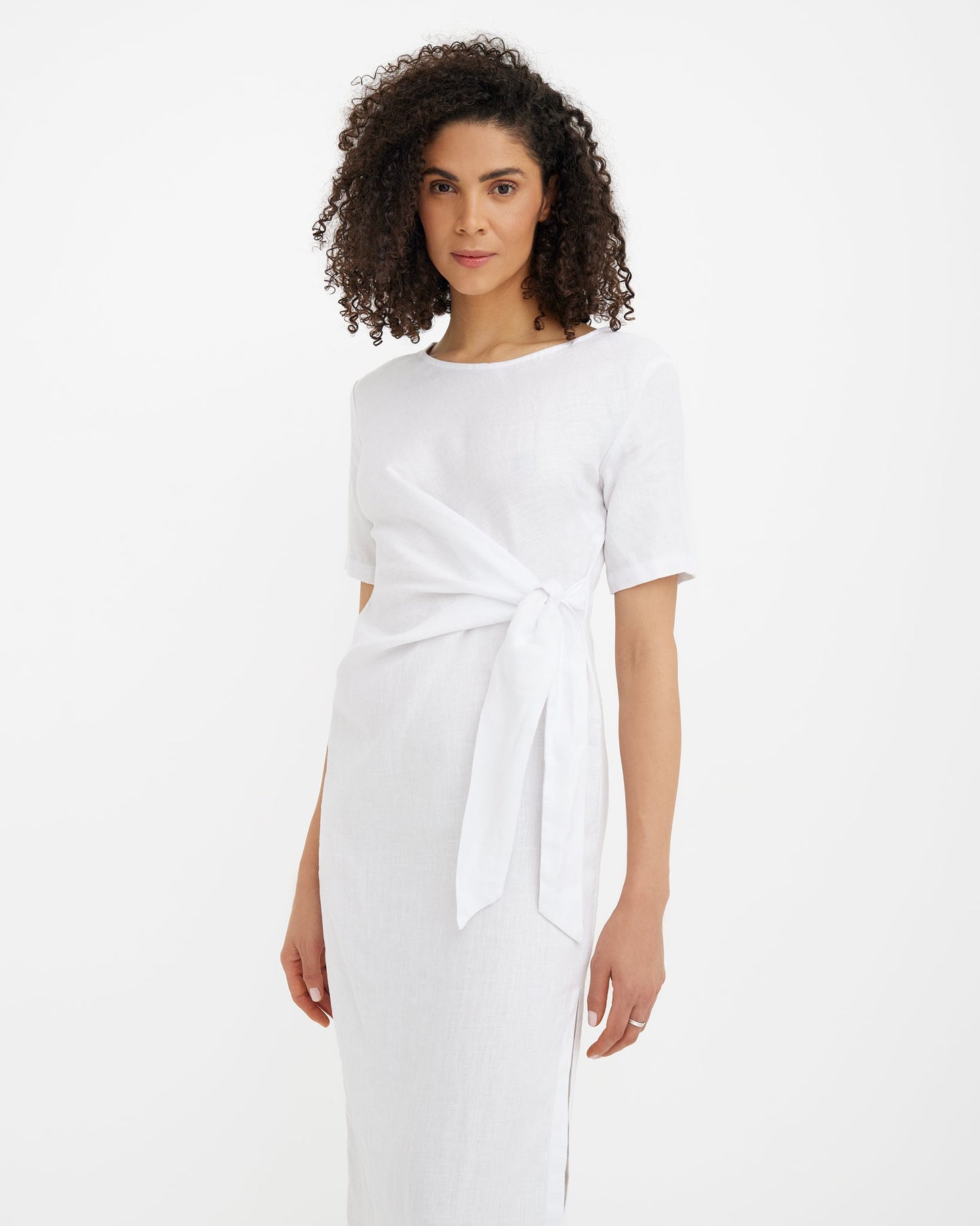 Tie-waist Linen dress MIAMI in White