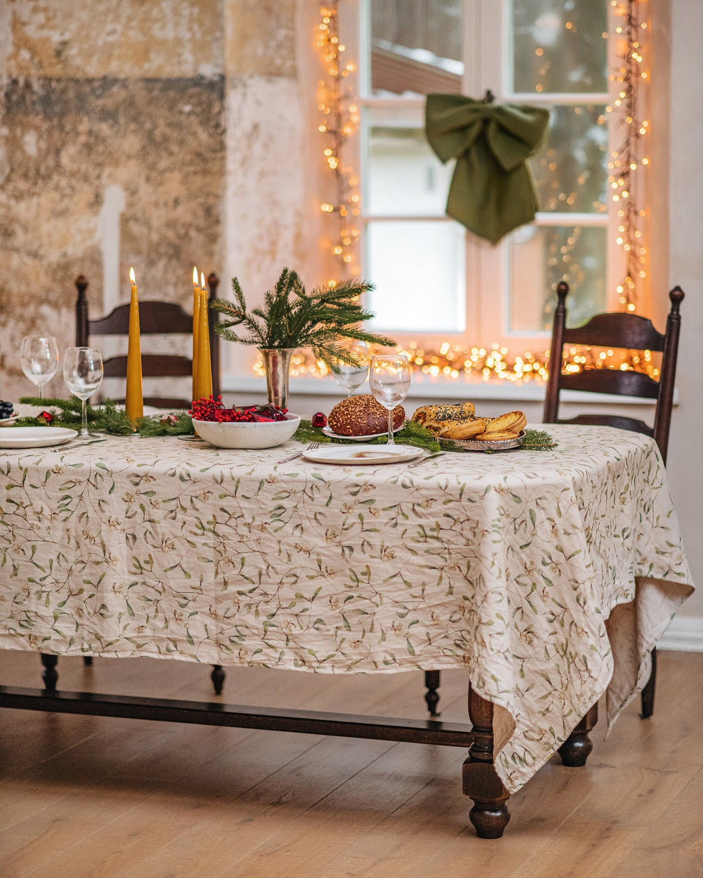 Under the Mistletoe print linen tablecloth