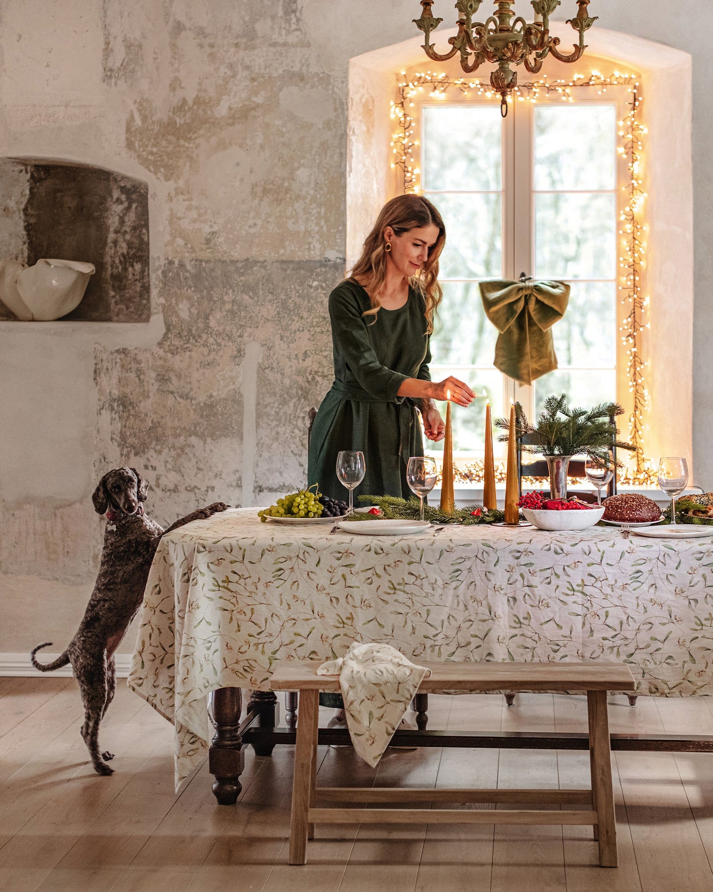 Under the Mistletoe print linen tablecloth