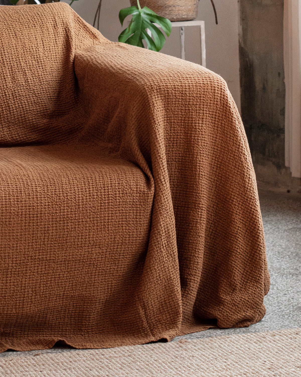 MagicLinen Cinnamon waffle linen couch cover, handcrafted in Lithuania from a linen–cotton blend