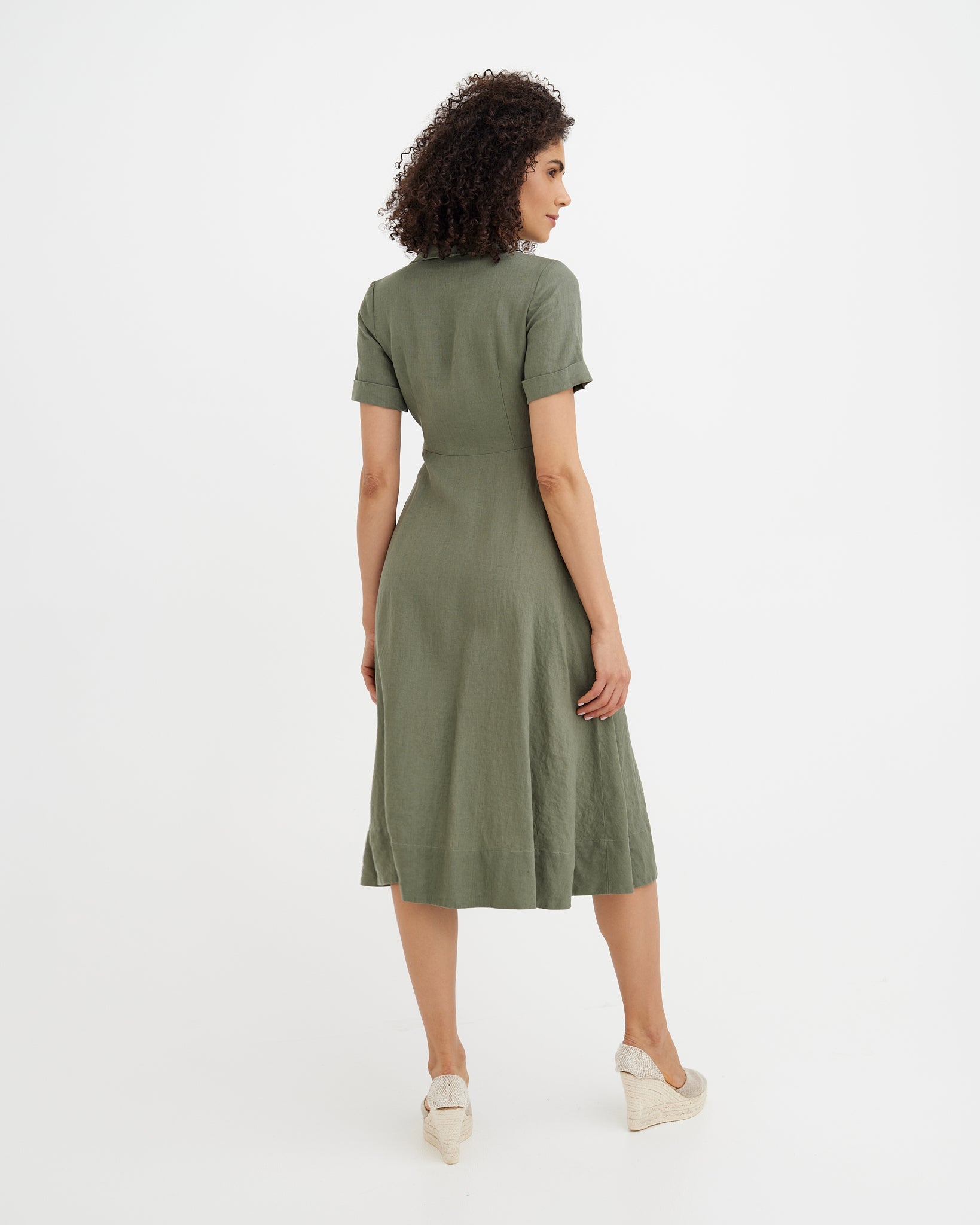 MagicLinen Mist Green wrap dress, mid-calf to ankle length