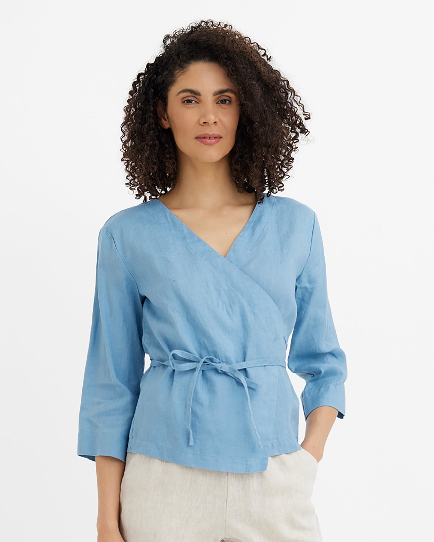 MagicLinen Soft blue Wrap Linen Top HURON, 100% European flax linen 160 gsm plain weave  modelBoxOn