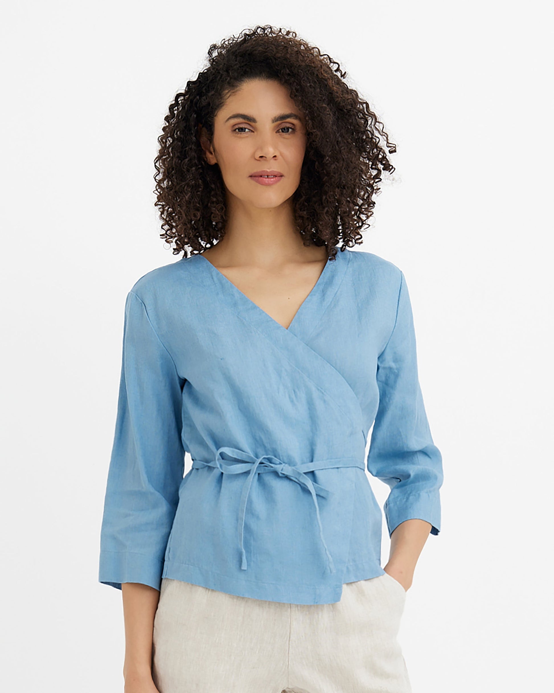 MagicLinen Soft blue Wrap Linen Top HURON, 100% European flax linen 160 gsm plain weave  modelBoxOn