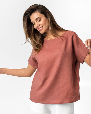 Short-sleeved linen top AMED in Clay pink - MagicLinen