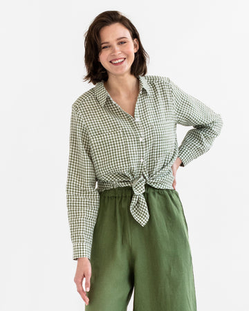 Long-sleeved linen shirt CALPE in Forest green gingham - MagicLinen