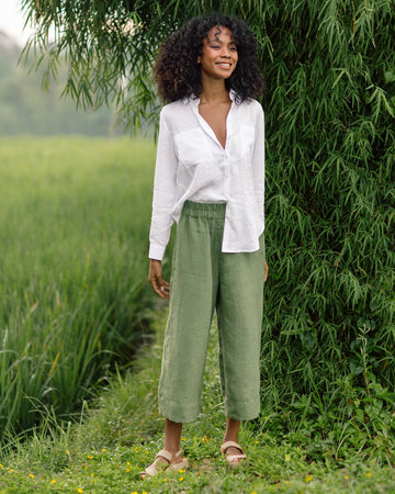 Wide leg linen culotte pants BRUNY in Forest green - MagicLinen
