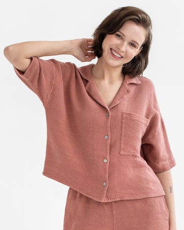 Waffle shirt CHARTRES in Burnt sienna - MagicLinen