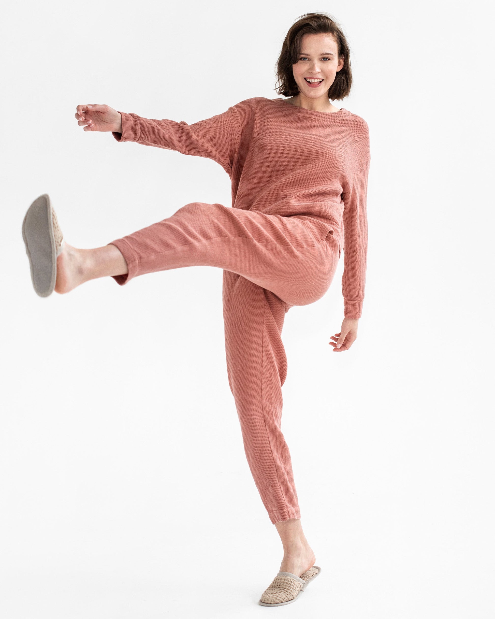 Waffle sweapants GIVERNY in Burnt sienna - MagicLinen