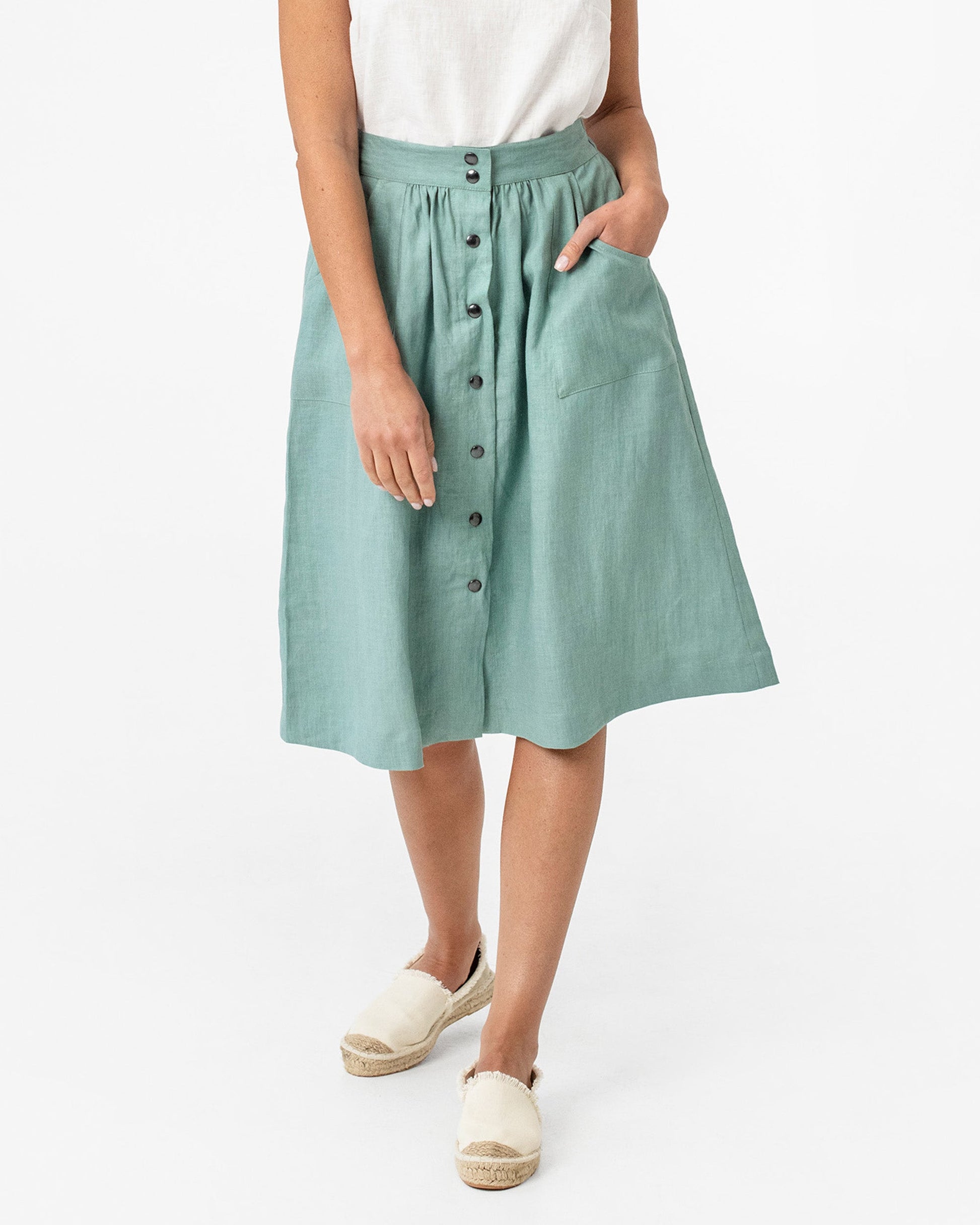 Midi linen skirt MONTICELLO in Teal blue - MagicLinen