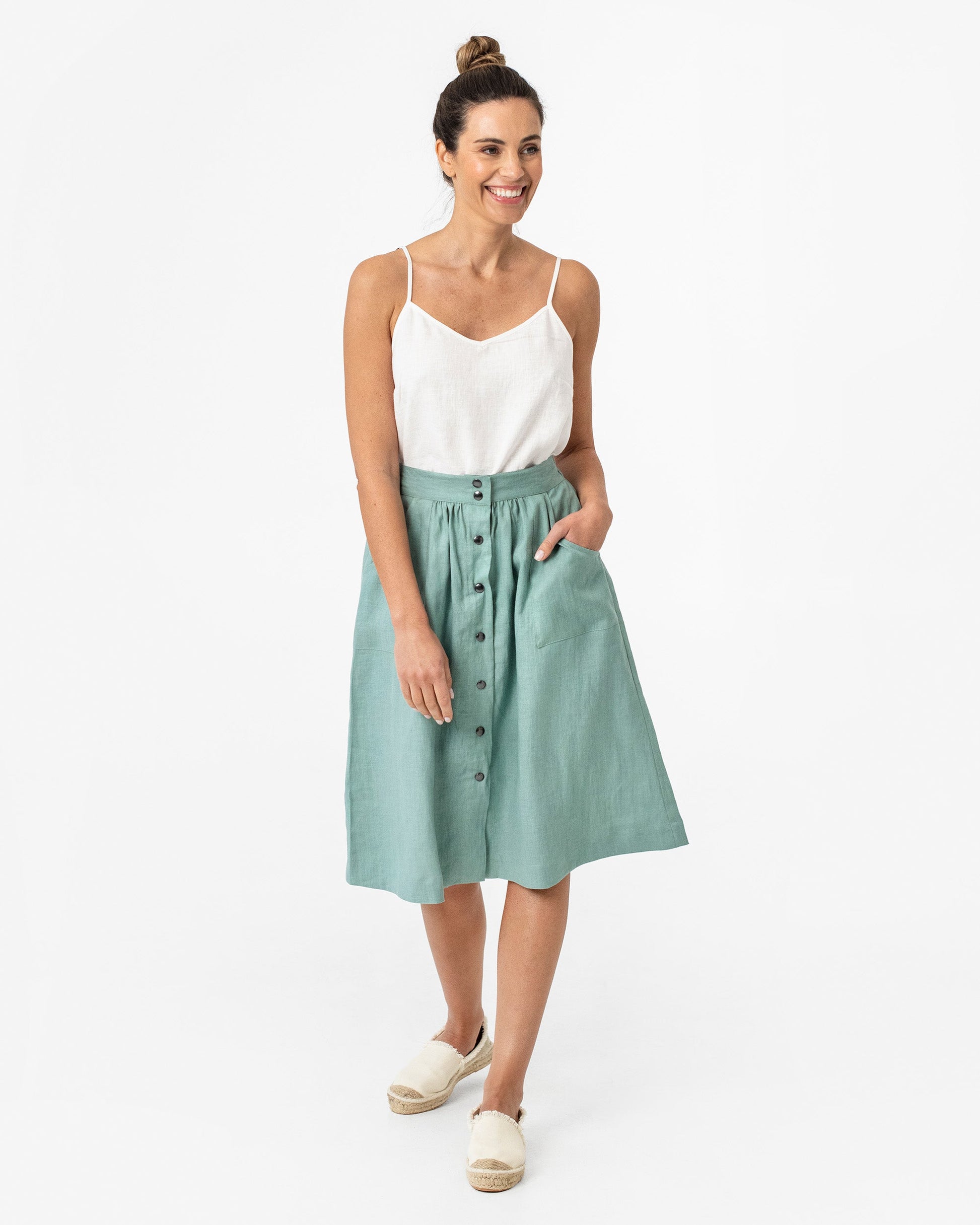 Midi linen skirt MONTICELLO in Teal blue - MagicLinen