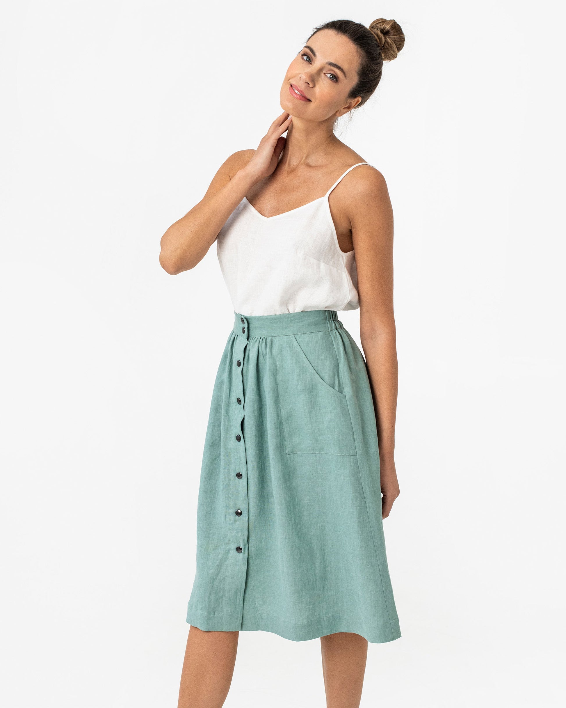 Midi linen skirt MONTICELLO in Teal blue - MagicLinen