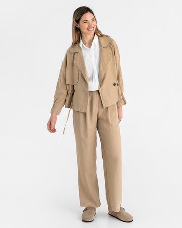 Cropped linen trench coat OBAN in Wheat - MagicLinen